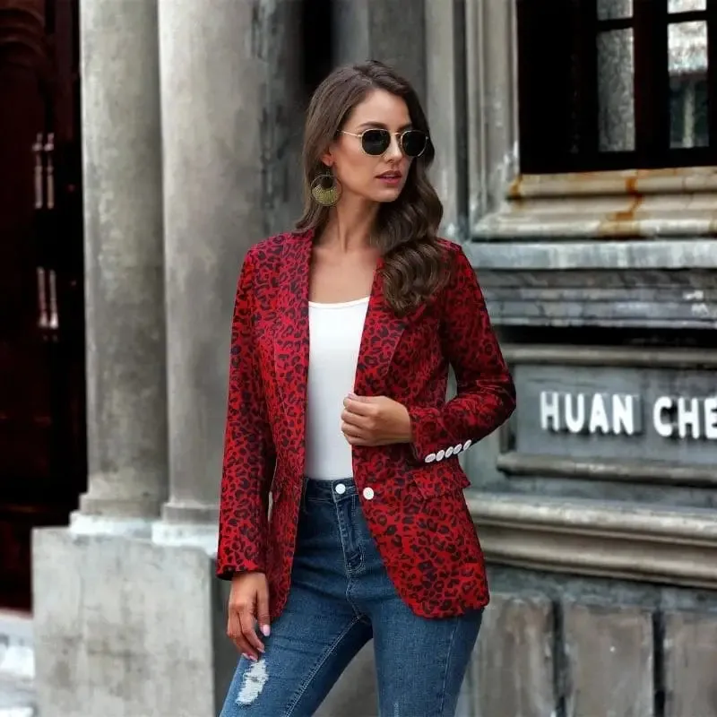 Blazer Femme Léopard à Boutons Rouge