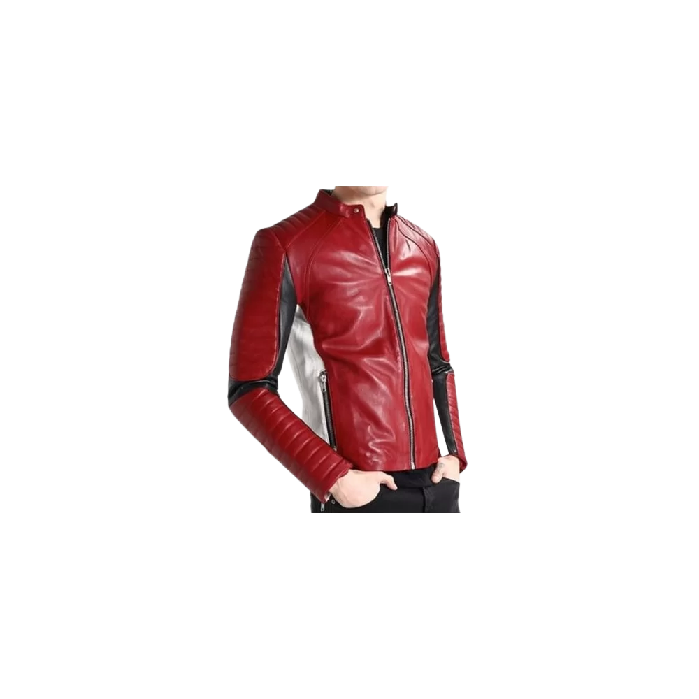 Blouson modèle Rémire tricolore en agneau rouge blanc et noir