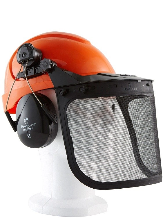 Casque forestier SINGER orange / casque coquille anti bruit / porte visière / visière grillagée - 
