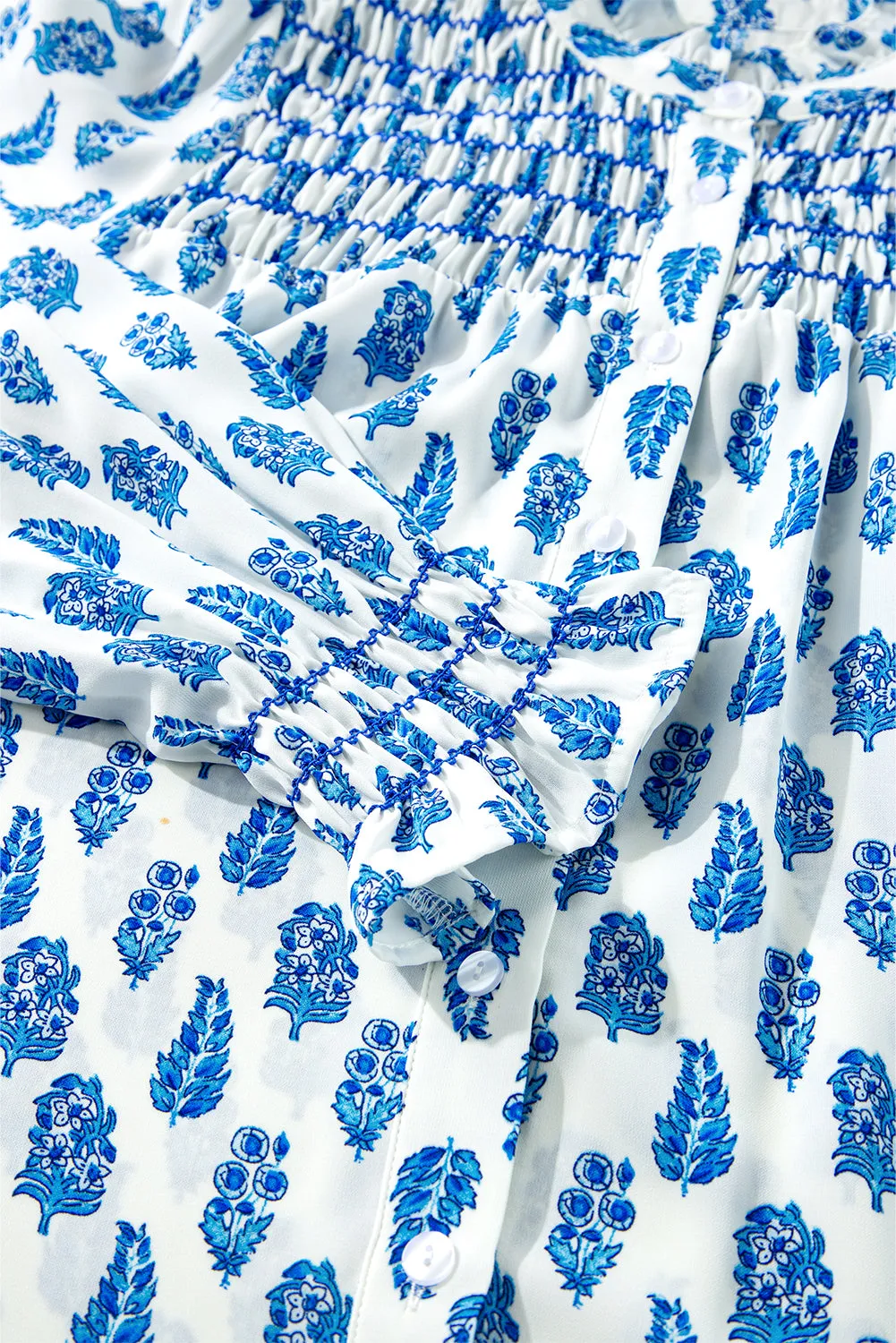 Chemise froncée à col volanté et manches lanternes imprimées florales Boho bleu ciel