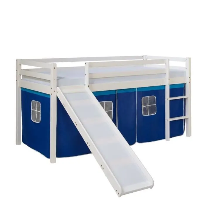 HomeStyle4U - 2564 - Lit mi-hauteur avec rideaux et toboggan bleu