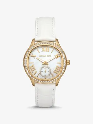 Montre Sage dorée à pierres pavées avec bracelet en cuir en relief à effet crocodile