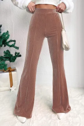 Pantalon évasé en velours ctelé taille haute de couleur unie rose poussiéreux