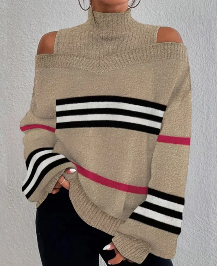 Pull en tricot à épaules dénudées et manches lanternes rayées