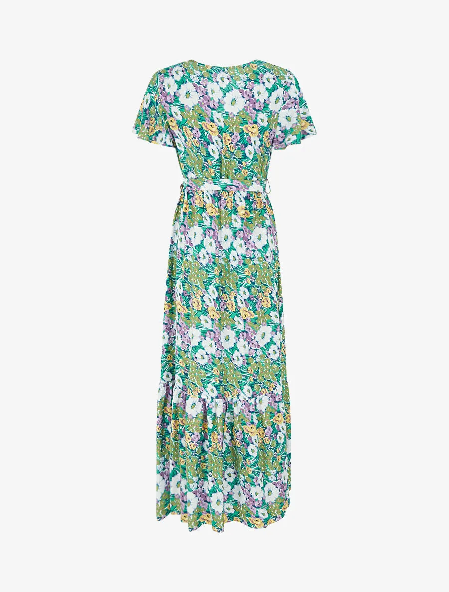Robe longue fleurie à boutons décoratifs - Vert