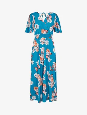 Robe longue imprimé bouquet de lys à manches papillon - Bleu turquoise