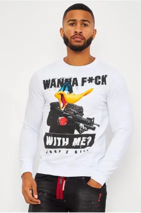 Sweat blanc illustré avec strass "Wanna f*uck with me ?"