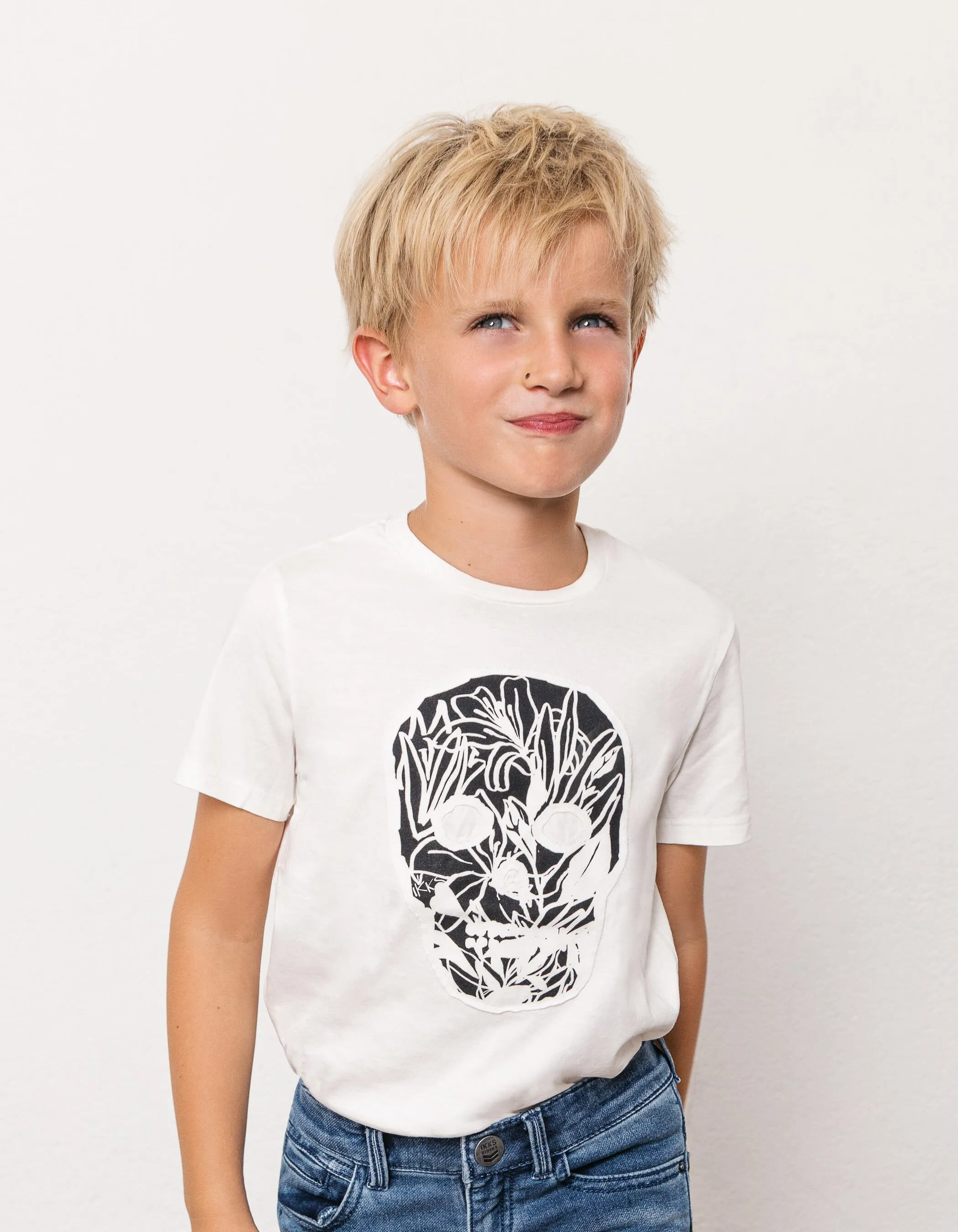 T-shirt blanc cassé visuel tête de mort bio garçon 