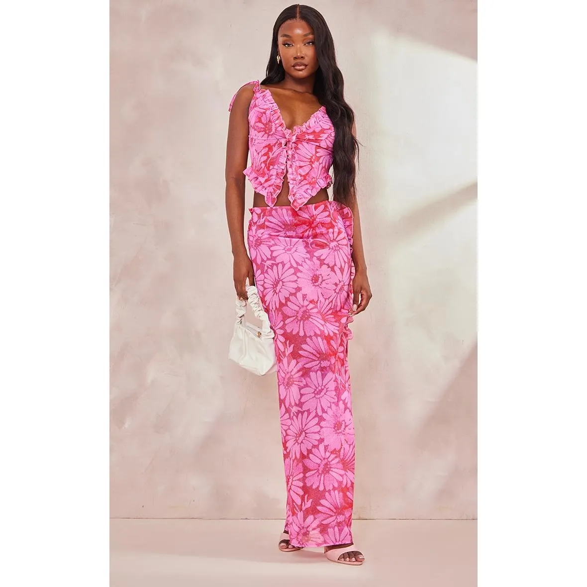 Tall – Jupe longue rose fleurie fendue