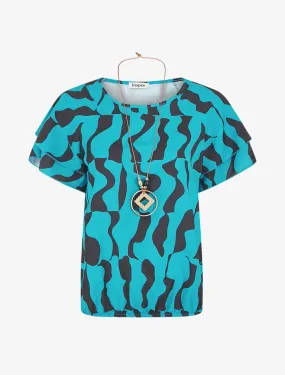 Top imprimé graphique et sautoir - Turquoise