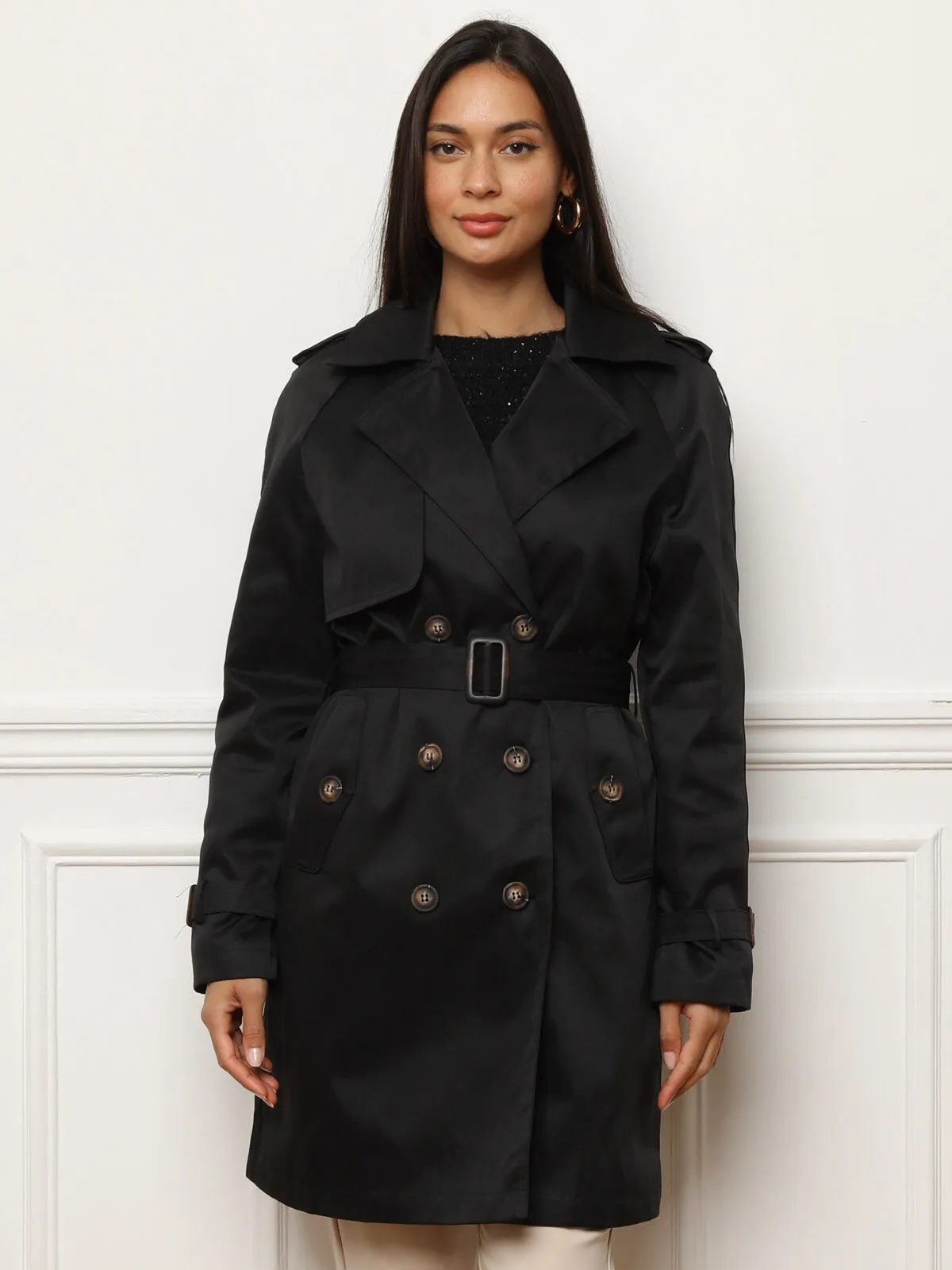 Trench mi-long à boutons marbrés- Noir