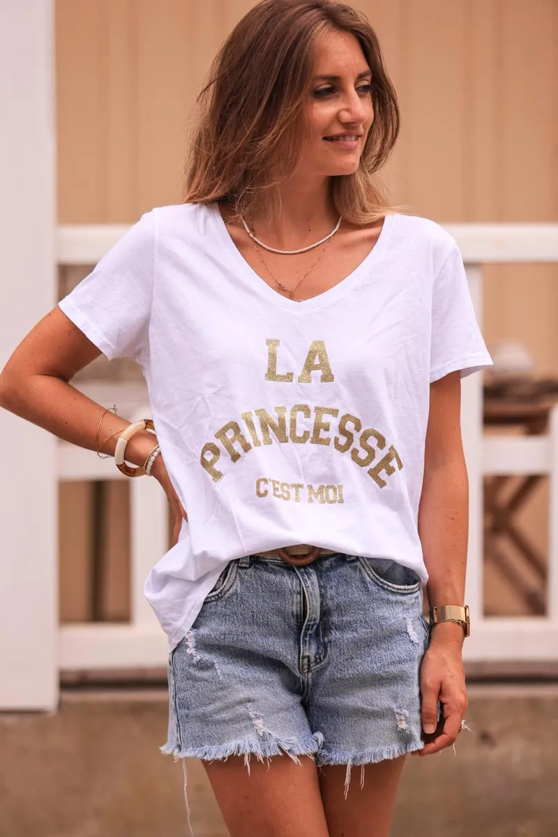 Tshirt blanc en coton doux col v Princesse pailleté